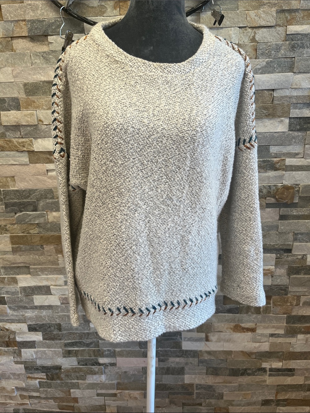 Lucky Brand Cream Textured Crewneck Sweater with Contrast Stitching